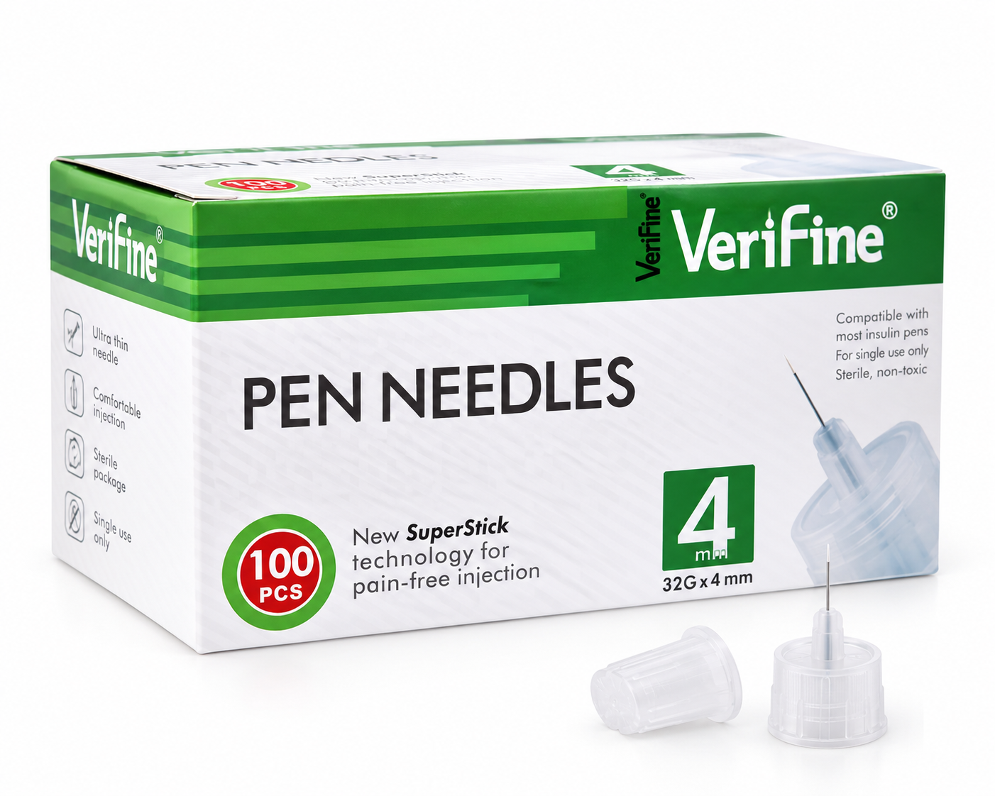 سنون أقلام الأنسولين فيريفاين 32G × 4 مم – VeriFine (100 سن)