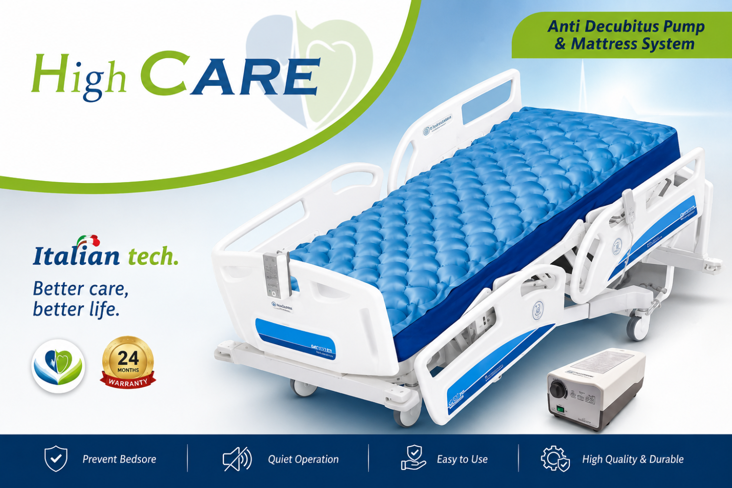 مرتبة هوائية طبية High CARE لمنع قرح الفراش مع مضخة هواء – Anti Decubitus Air Mattress System
